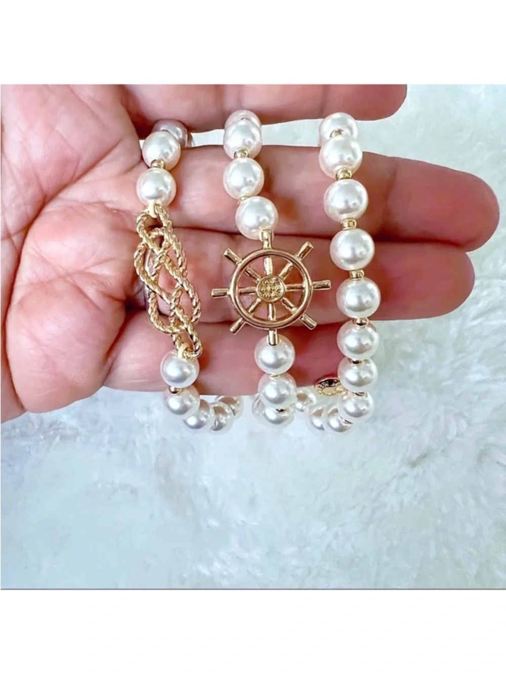 J. Crew Nautical Pearls 3 piece Beaded Bracelet Set with Gold Ship Charms